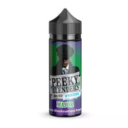 A 100ML bottle of Major Freeze Peeky Blenders Vape Juice with a label featuring a green and purple color scheme and an image of a man in a suit. The product is nicotine-free and has a 50/50 VG/PG blend.